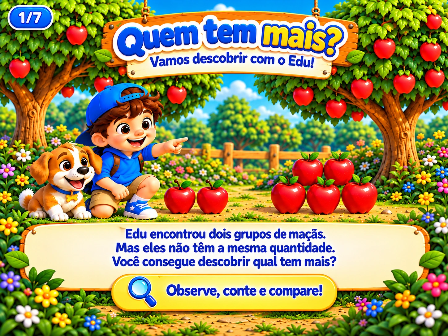 Edu comparando dois grupos de maçãs