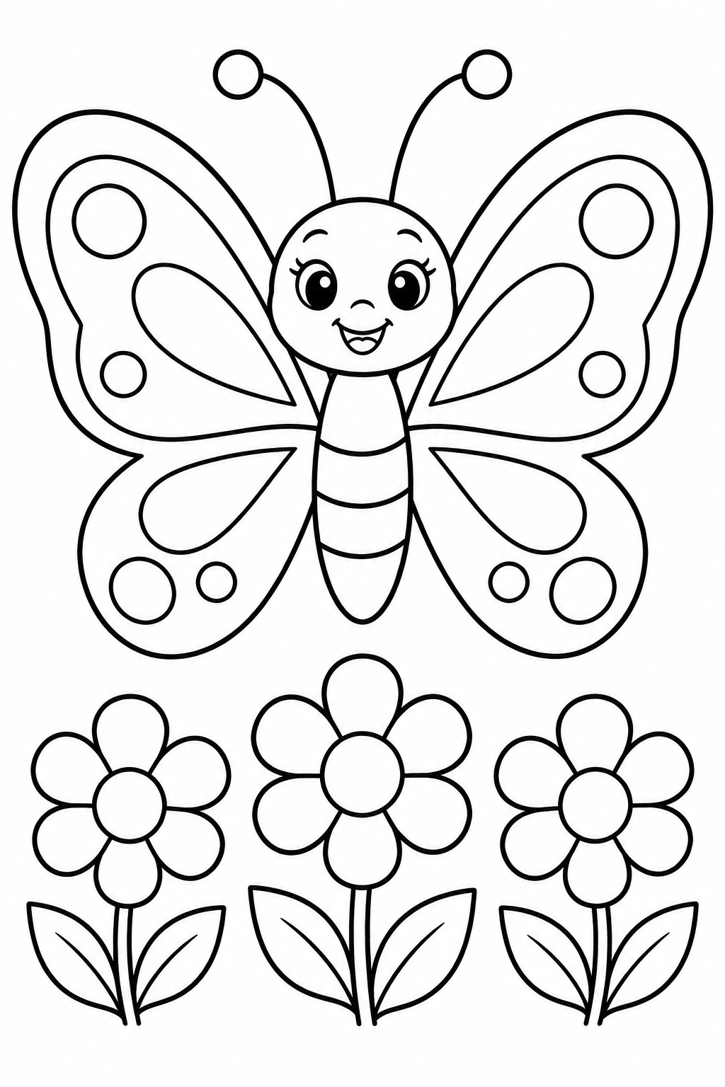 Borboleta e flores em contornos para colorir