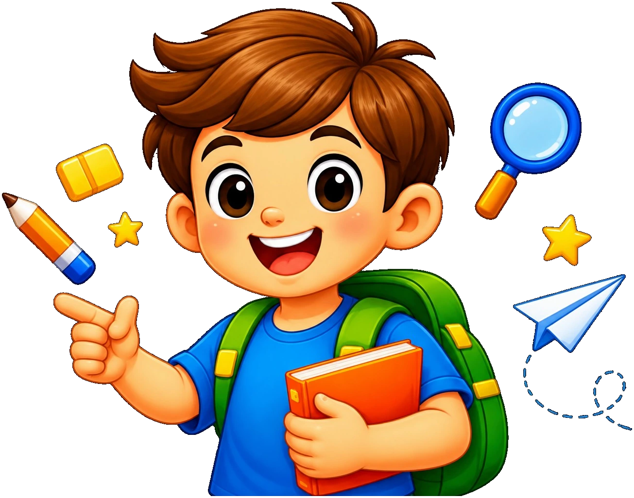 Edu, mascote do Edupequeno, com livro e elementos de descoberta